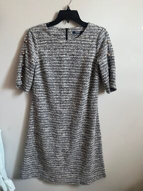 Chaps Gray Tweed Midi Shift Dress with Embellished Sleeves